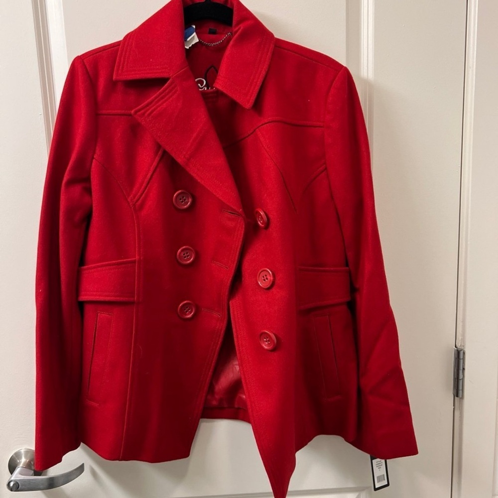 Guess Vibrant Red Double-Breasted Pea Coat